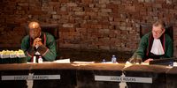 Justice Rammaka Steven Mathopo (left) and Justice Owen Lloyd Rogers, permanent judges of the Constitutional Court, listened to submissions in the matter concerning Shell’s exploration rights for seismic surveys off the Wild Coast, 16 September 2025. (Photo: Julia Evans)