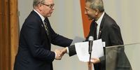 Prince Albert II of Monaco (L) shakes hands with Singapore's Minister of Foreign Affairs Vivian Balakrishnan (R) after delivering remarks following the adoption of the text of the so-called 'High Seas Treaty' at the United Nations headquarters in New York, New York, USA, 19 June 2023. The treaty, which was adopted by delegates at the UN's Intergovernmental Conference on Marine Biodiversity of Areas Beyond National Jurisdiction, the BBNJ, that creates a legal framework to fund marine conservation and helps define internationally agreed upon rules about access to and use of 'marine genetic resources'.  EPA-EFE/JUSTIN LANE