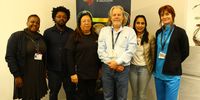Members of the multidisciplinary team tackling surgeries for temporal lobe epilepsy at Groote Schuur Hospital. From left: Dr Melody Asukile, neurologist; Dr MV Gule, neurologist; Carla Hanekom, neurology technologist; Professor Lawrence Tucker, neurologist; Dr Aayesha Soni, neurology registrar; and Dr Sally Röthemeyer, neurosurgeon. (Photo: Tamsin Metelerkamp)