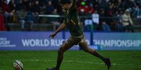 Imad Khan of South Africa kicks a conversion during the World Rugby U20 Championship 2023, group C match between South Africa and Italy at Paarl Gimnasium on 29 June 2023 in Paarl, South Africa. (Photo: Grant Pitcher / Gallo Images / World Rugby)