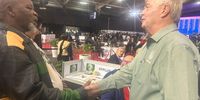 A light moment between ANC secretary general Gwede Mantashe and FF Plus leader Pieter Groenewald.<br>Groenewald: You’re in trouble!<br>Mantashe: The same trouble as you!. Photo: Rebecca Davis