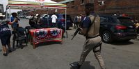 A Johannesburg Metro Police swat member on patrol as IFP president Velenkosini Hlabisa arrives at  Jeppe hostel in Johannesburg on 1 February 2024. (Photo: Felix Dlangamandla)