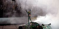 DARLINGTON, SC - MAY 10: Kyle Busch, driver of the #18 M&amp;M's Indiana Jones Toyota, celebrates after winning the NASCAR Sprint Cup Series Dodge Challenger 500 on May 10, 2008 at Darlington Raceway in Darlington, South Carolina.  (Photo by Chris Graythen/Getty Images)