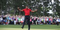 Tiger Woods of the US celebrates after winning the 2019 Masters Tournament at the Augusta National Golf Club in Augusta, Georgia, United State, on 14 April 2019.  (Photo: EPA-EFE / Tannen Maury)
