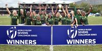 South Africa crowned Women's champions with the trophy after day 3 of the World Rugby Sevens Challenger Series 2023 at Markotter Stadium on April 22, 2022 in Stellenbosch, South Africa. (Photo by Grant Pitcher/Gallo Images)