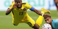 epa10316278 Enner Valencia of Ecuador is fouled for a penalty by Goalkeeper Saad Alsheeb of Qatar during the FIFA World Cup 2022 group A Opening Match between Qatar and Ecuador at Al Bayt Stadium in Al Khor, Qatar, 20 November 2022.  EPA-EFE/Friedemann Vogel