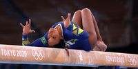 TOKYO, JAPAN - JULY 29: Rebeca Andrade of Team Brazil competes on balance beam during the Women's All-Around Final on day six of the Tokyo 2020 Olympic Games at Ariake Gymnastics Centre on July 29, 2021 in Tokyo, Japan. (Photo by Jamie Squire/Getty Images)