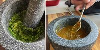 Pounding the ingredients for the marinade, left, and adding the oil. (Photos: Absa Kotsokoane)