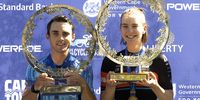 Tyler Lange(left), Males Elite Winner and Pia Grünewald, right, Elite Women’s winner during the 2025 Cape Town Cycle Tour finishing at Green Point Athletics Track on March 09, 2025 in Cape Town, South Africa. (Photo by Peter Heeger/Gallo Images)