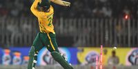 George Linde of South Africa gets bowled during game one of the T20 International series between Pakistan and South Africa at Rawalpindi Cricket Stadium on October 28, 2025 in Rawalpindi, Pakistan. (Photo: Muhammad Sameer Ali/Getty Images)
