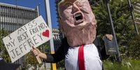 A 'No Kings' protester dressed as Trump rallies in Grand Park, Los Angeles, California. (Photo: Jill Connelly / EPA)