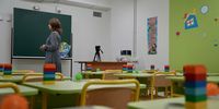 A teacher during the final preparations before classes in a country's first underground school on April 2, 2024 in Kharkiv, Ukraine. In Kharkiv, which suffers from daily Russian missile strikes and aerial bombardments, the construction of Ukraine's first underground school was completed. The building has 20 classrooms where 900 students can study in two shifts. The city authorities, with the support of international partners, plan to continue the construction of underground schools in other city's districts to ensure all children have equal access to quality and safe education. (Photo by Gwara Media/Global Images Ukraine via Getty Images)