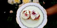 Cream scones at Birds where roses are a feature of the Spade Design Centre location. (Photo: Wanda Hennig) <br>