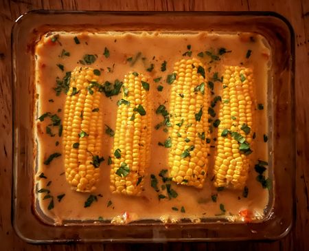 Golden floating islands, aka sweetcorn and beans bake