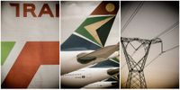 Transnet logo. (Photo: Gallo Images / Darren Stewart) | South African Airways aircraft at OR Tambo International Airport, Johannesburg. (Photo: Waldo Swiegers / Bloomberg via Getty Images) | Eskom power lines. (Photo: EPA-EFE / Kim Ludbrook)