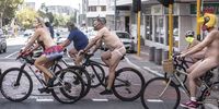 WARNING: IMAGE CONTAINS NUDITY:CAPE TOWN, SOUTH AFRICA - MARCH 13: Participants ride against coal-fired air pollution at the World Naked Bike Ride on March 13, 2021 in Cape Town, South Africa. The participants protested against the burning of fossils fuels-which is contributing to climate change. (Photo by Gallo Images/Brenton Geach)