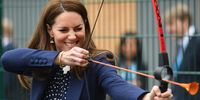 WOLVERHAMPTON, ENGLAND - MAY 13: Catherine, Duchess of Cambridge tries archery during a visit to The Way Youth Zone on May 13, 2021 in Wolverhampton, England. (Photo by Jacob King - WPA Pool/Getty Images)