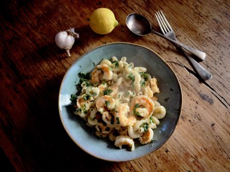 Prawn pasta with lemon, garlic and chilli