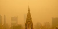 NEW YORK, NEW YORK - JUNE 7: Smoky haze from wildfires in Canada diminishes the visibility of the Chrysler Building on June 7, 2023 in New York City. New York topped the list of most polluted major cities in the world on Tuesday night, as smoke from the fires continues to blanket the East Coast. (Photo by David Dee Delgado/Getty Images)