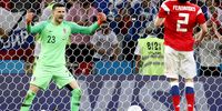 Mario Fernandes of Russia (R) reacts next to goalkeeper Danijel Subasic of Croatia after missing a penalty during the FIFA World Cup 2018 quarter final soccer match between Russia and Croatia in Sochi, Russia, 07 July 2018.  EPA-EFE/RONALD WITTEK 