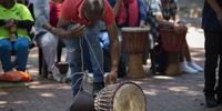 Vusumuzi Dyantyi is the co-founder of Vula Youth Development, which uses performing arts to engage with young people in disadvantaged communities around social issues. Dyanti works with the the Western Cape Women’s Shelter Movement and led the drum circle as well as providing instruments for the event. (Photo: Aisha Abdool Karim)