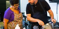 Bertus Basson guiding Mienie Appel, the cook at The Collective in Stanford. (Photo: Ian du Toit for Homebrew Films)<br>