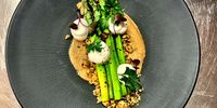 Asparagus with a mushroom crumble, roasted onion purée and garlic emulsion. Photo: Bianca Coleman