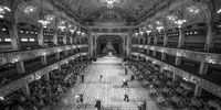 BLACKPOOL, ENGLAND - AUGUST 05: (Editors note: This is image has been converted to monochrome) Dancers take to the famous Blackpool Tower Ballroom and move to the sound of the famous Wurlitzer on August 05, 2021 in Blackpool, England. The historic ballroom, familiar to British TV viewers as the home of Strictly Come Dancing's annual ballroom special, reopened in July after closing last spring due to the Covid-19 pandemic. (Photo by Christopher Furlong/Getty Images)