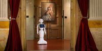 epa09211435 Pepper, the first robotic guide in Spain, poses for photographers during its launching at Modern Art European Museum (MEAM) in Barcelona, northeastern Spain, 19 May 2021. Pepper is designed to accompany visitors and interact with them using its voice and a touch screen.  EPA-EFE/Enric Fontcuberta