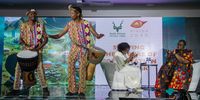 SANParks Board Chair Pam Yako (right) on stage with programme director Tsepiso Makwetla and drummers at SANParks’ reveal of Vision 2040, in Sandton, Johannesburg, on 26 September 2024. (Photo: Julia Evans)