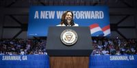 Democratic presidential nominee, U.S. Vice President Kamala Harris reacts to members of a cheering crowd as she arrives on stage at a campaign rally at the Enmarket Arena August 29, 2024 in Savannah, Georgia. Harris has campaigned in southeast Georgia for the past two days.  (Photo by Win McNamee/Getty Images)