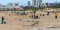 eThekwini Municipality's Parks, Recreation and Culture Unit embarks on a clean-up operation at Blue Lagoon Beach on 27 January 2020. After heavy downpours in November and December 2019 an avalanche of inland litter made its way down watercourses to the ocean. Blue Lagoon was on the receiving end of the threat to marine life and beaches. (Photo by Gallo Images / Darren Stewart)