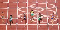 TOKYO, JAPAN - AUGUST 01: Yanique Thompson of Team Jamaica competes during the Women's 100 metre Hurdles Semi-Final on day nine of the Tokyo 2020 Olympic Games at Olympic Stadium on August 01, 2021 in Tokyo, Japan. (Photo by David Ramos/Getty Images)