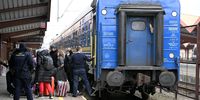 Ukrainian passenger train from Odesa at the train station in Przemysl, southeastern Poland, 25 February 2022. About 29,000 people crossed Poland's border with Ukraine over the past 24 hours, with thousands of them declaring themselves as war refugees, the Polish head of the national security department has said on 25 February.  EPA-EFE/Darek Delmanowicz POLAND OUT
