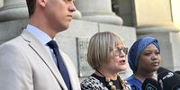 On Thursday 3 April, the DA filed papers in the Western Cape High Court over contested passing of the fiscal framework, a key step in the passing of the Budget. Outside the court, DA finance spokesperson Dr Mark Burke, federal council chair Helen Zille and national spokesperson Karabo Khakhau briefed the media. (Photo: Suné Payne)