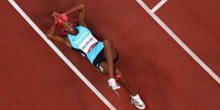 TOKYO, JAPAN - AUGUST 06: Shaunae Miller-Uibo of Team Bahamas reacts after winning the gold medal in the Women's 400m Final on day fourteen of the Tokyo 2020 Olympic Games at Olympic Stadium on August 06, 2021 in Tokyo, Japan. (Photo by Richard Heathcote/Getty Images)