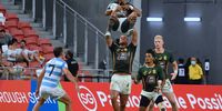 KALLANG, SINGAPORE - APRIL 10: Selvyn Davids of South Africa during the HSBC Singapore Sevens, 5th place semi final match between Argentina and South Africa at National Stadium on April 10, 2022 in Kallang, Singapore. (Photo by David Van Der Sandt/Gallo Images)