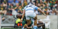Bok fullback Aphelele Fassi slips into contact, which unfortunately led to a serious knee injury for Pumas centre Santiago Chocobares. (Photo: Dirk Kotze/Gallo Images)