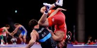 CHIBA, JAPAN - AUGUST 04:  David Morris Taylor III of Team United States competes against Ali Shabanau of Team Belarus during the Men's Freestyle 86kg 1/8 Final on day twelve of the Tokyo 2020 Olympic Games at Makuhari Messe Hall on August 04, 2021 in Chiba, Japan. (Photo by Maddie Meyer/Getty Images)