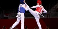 CHIBA, JAPAN - JULY 24: Abishag Semberg (R) of Team Israel  competes against Rukiye Yıldırım of Team Turkey during the Women's -49kg Taekwondo Bronze Medal contest on day one of the Tokyo 2020 Olympic Games at Makuhari Messe Hall on July 24, 2021 in Chiba, Japan. (Photo by Maja Hitij/Getty Images)