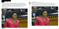 The Facebook post, anonymised by the DFRLab, and @ulerato_pillay’s post were created 90 minutes apart, with the Facebook post crediting ‘Lerato Pillay’. (Source: Facebook, left; @uLerato_pillay/archive, right)