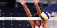 TOKYO, JAPAN - JULY 30: Michal Bryl #1 of Team Poland competes against Team Brazil during the Men's Preliminary - Pool E beach volleyball on day seven of the Tokyo 2020 Olympic Games at Shiokaze Park on July 30, 2021 in Tokyo, Japan. (Photo by Sean M. Haffey/Getty Images)