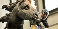 A boilermaker carries out restoration works on a horse sculpture of the fountain 'Apollo on his Chariot' during a press visit of the restoration process at the Coubertin Foundation in Saint Remy les Chevreuses, a Paris suburb, France, 10 July 2023. The fountain had not been restored for almost 100 years. Teams of artisans from various workshops of the Coubertin Foundation are finalizing the details for its reinstallation in the Gardens of Versailles in 2024.  EPA-EFE/TERESA SUAREZ
