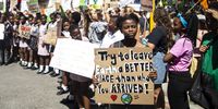 A young student activist holds up a sign outside Parliament, Cape Town on March 15, 2019 during a protest to raise awareness about global warming. Photo: Tessa Knight