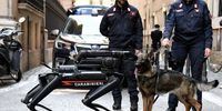 Carabinieri's first remote-controlled robotic dog, Saetta (L), and police's biological dog, Olimpia (R), are deployed after a bomb threat was reported at the Ministry of Culture building, in Rome, Italy, 19 March 2024. The Ministry of Culture was evacuated on 19 March due to a bomb threat. The robotic dog, assigned to Rome's bomb disposal squad, is used to help identify and defuse any explosive devices.  EPA-EFE/FABIO CIMAGLIA