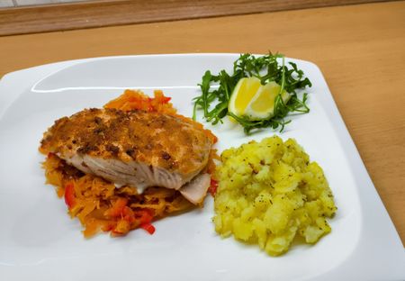 Salmon on sauerkraut with smashed potato (plus: a surprise pie)