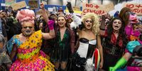 Members and supporters of the Percha LGBT+ collective protest inside the Cintermex facilities at the Monterrey International Book Fair, in Monterrey, Mexico 15 October 2023. Shouting 'No to censorship', members of the Percha LGBT+ collective held a demonstration at the Monterrey 2023 International Book Fair (FIL) after their participation in the literary festival was canceled.  EPA-EFE/Miguel Sierra