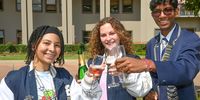 India Wesi, Jody van Zjil and Sohail Dharamlall, top three matric students at Reddam House Waterfall celebrate with a glass of champagne after the IEB matric results were announced on January 18, 2023 in Midrand, South Africa. The Independent Examinations Boards (IEB) were released and announced two days ahead of National Senior Certificate results. (Photo: Gallo Images / Beeld / Dean Vivier)