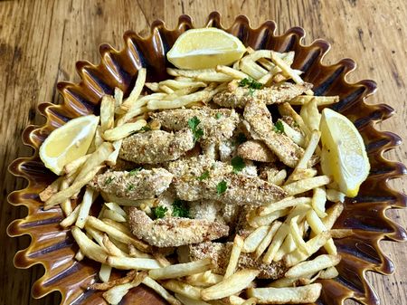 Strips & Chips: Crumbed chicken tenderloins with matchstick fries