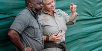 Collaboration is at the heart of GKEPF’s mandate. GKEPF CEO, Sharon Haussmann, talks to Benjamin Kossama from Sabi Sand Nature Reserve while watching rhino being released into a holding boma. (Photo: Cathan Moore)